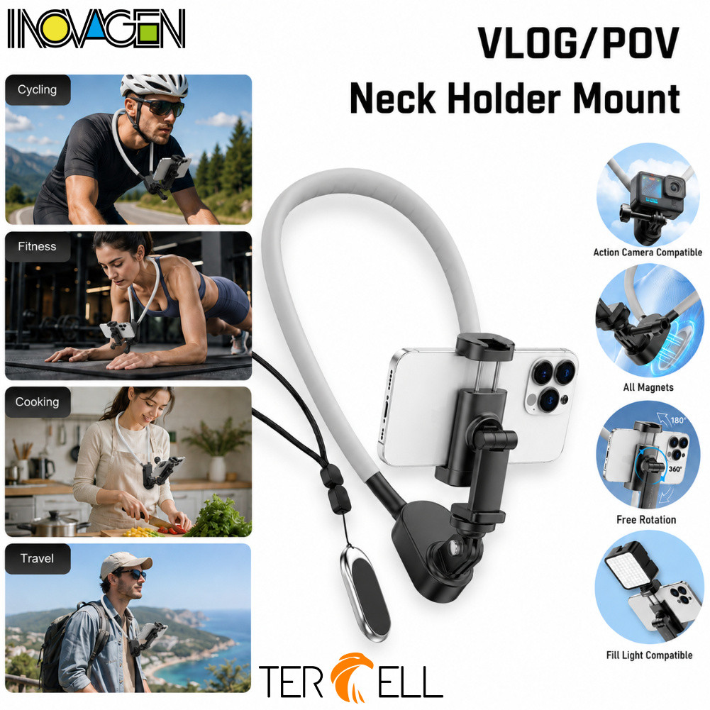 INOVAGEN แฮนด์ฟรี POV คอผู้ถือโทรศัพท์ Anti Shake Vlog Mount เติมแสงสําหรับสมาร์ทโฟน Hero 13 Action 5 Pro X4 Ace Pro 2 ขี่จักรยานฟิตเนส Travel Live