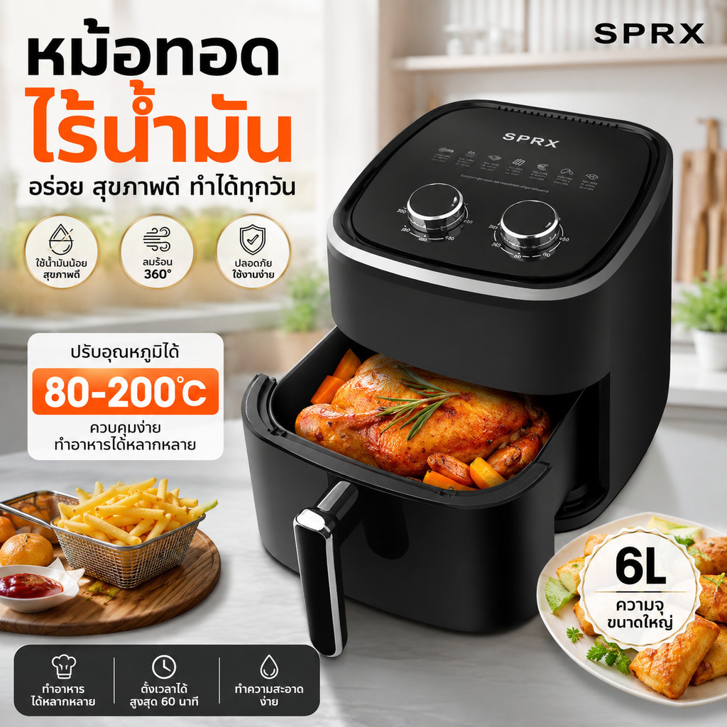 หม้อทอดไร้น้ำมัน 6L ขนาดใหญ่ ปรับอุณหภูมิ 80-200°C ทอด อบ ย่าง ได้ในเครื่องเดียว อาหารกรอบอร่อย สุขภาพดี ใช้งานสะดวก