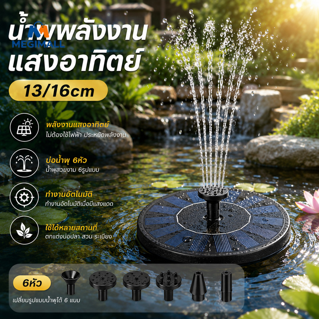น้ำพุพลังงานแสงอาทิตย์ 13/16cm เครื่องปั๊มน้ําพุ บ่อน้ำพุ 6หัว ทำงานอัตโนมัติ สําหรับตกแต่งบ่อน้ําพุ