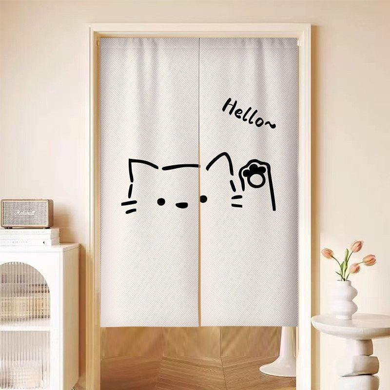 น่ารัก Minimalist Cat Noren ม่านประตูครึ่งผ้าม่านความเป็นส่วนตัว Partition Doorway ผ้าม่าน Breathable กันฝุ่น Tension Rod Mount
