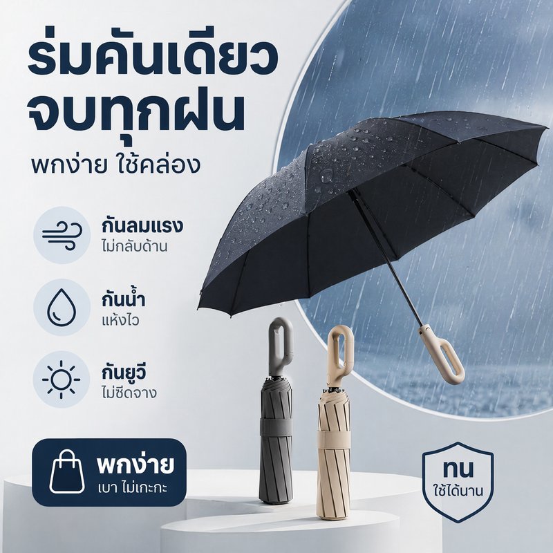 ร่มพับอัตโนมัติ ร่มกันแดด กันฝน กันยูวี ต้านลมแรง ห่วงแขวนพกพา โครงไฟเบอร์กลาส 10 ก้าน