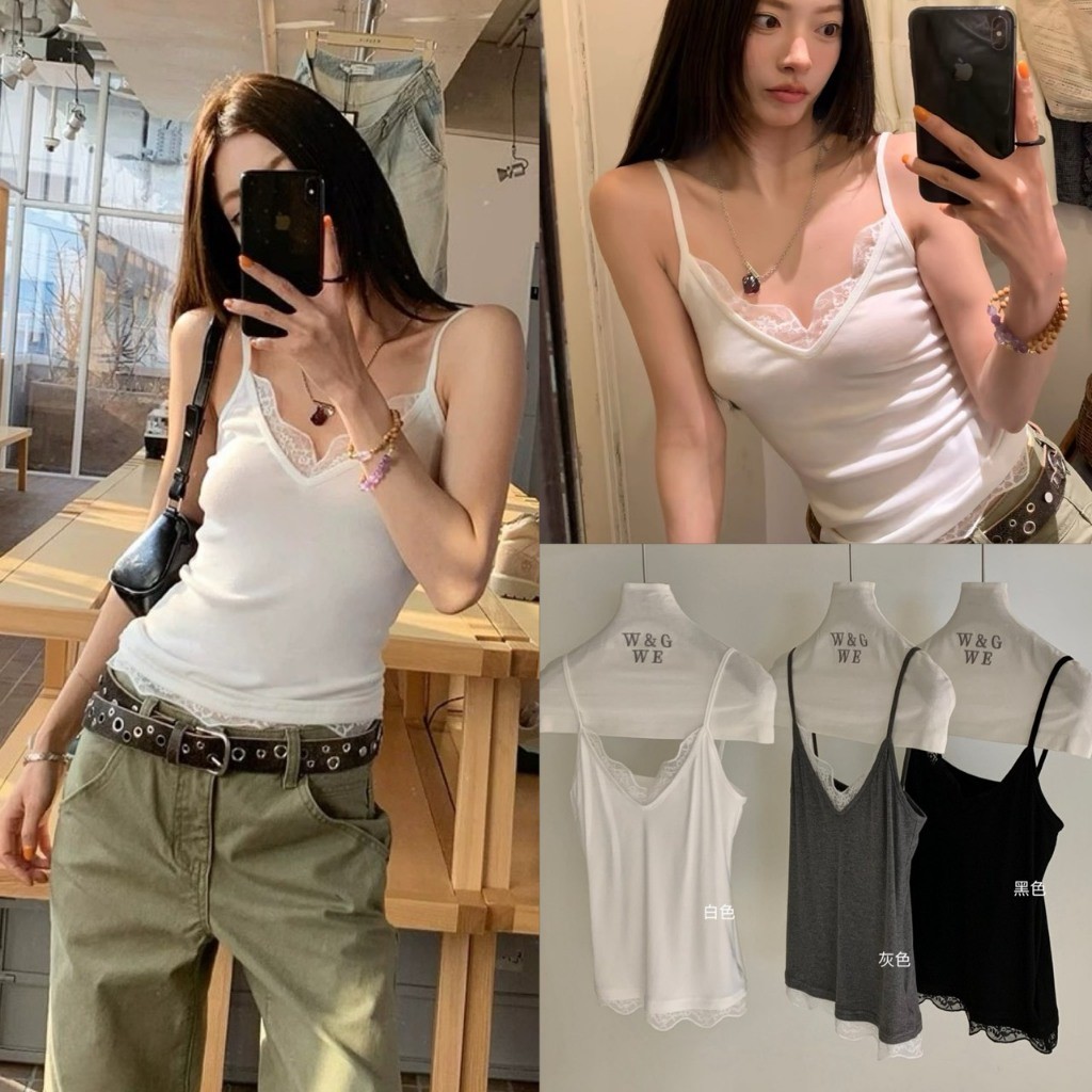 ❤ 🧵 🇰🇷 W9437 เสื้อสายเดี่ยว ผ้ายืด แต่ผ้าลูกไม้ช่วงคอและชายเสื้อ ใส่ง่าย ทรงเรียบแต่ดูมีอะไร แฟชั่นเกาหลี TAG WG.WE 🧡