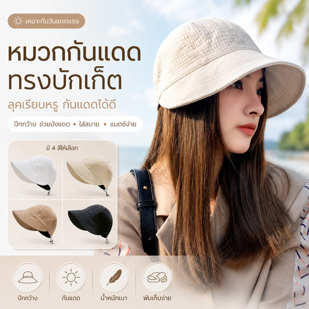 หมวกทรงบักเก็ตสำหรับผู้หญิงในฤดูร้อน ดีไซน์ทันสมัยสไตล์ญี่ปุ่นและเกาหลี เข้ากับรูปหน้า ช่วยกันแดด ทำจากผ้าถักลายวาฟเฟิล