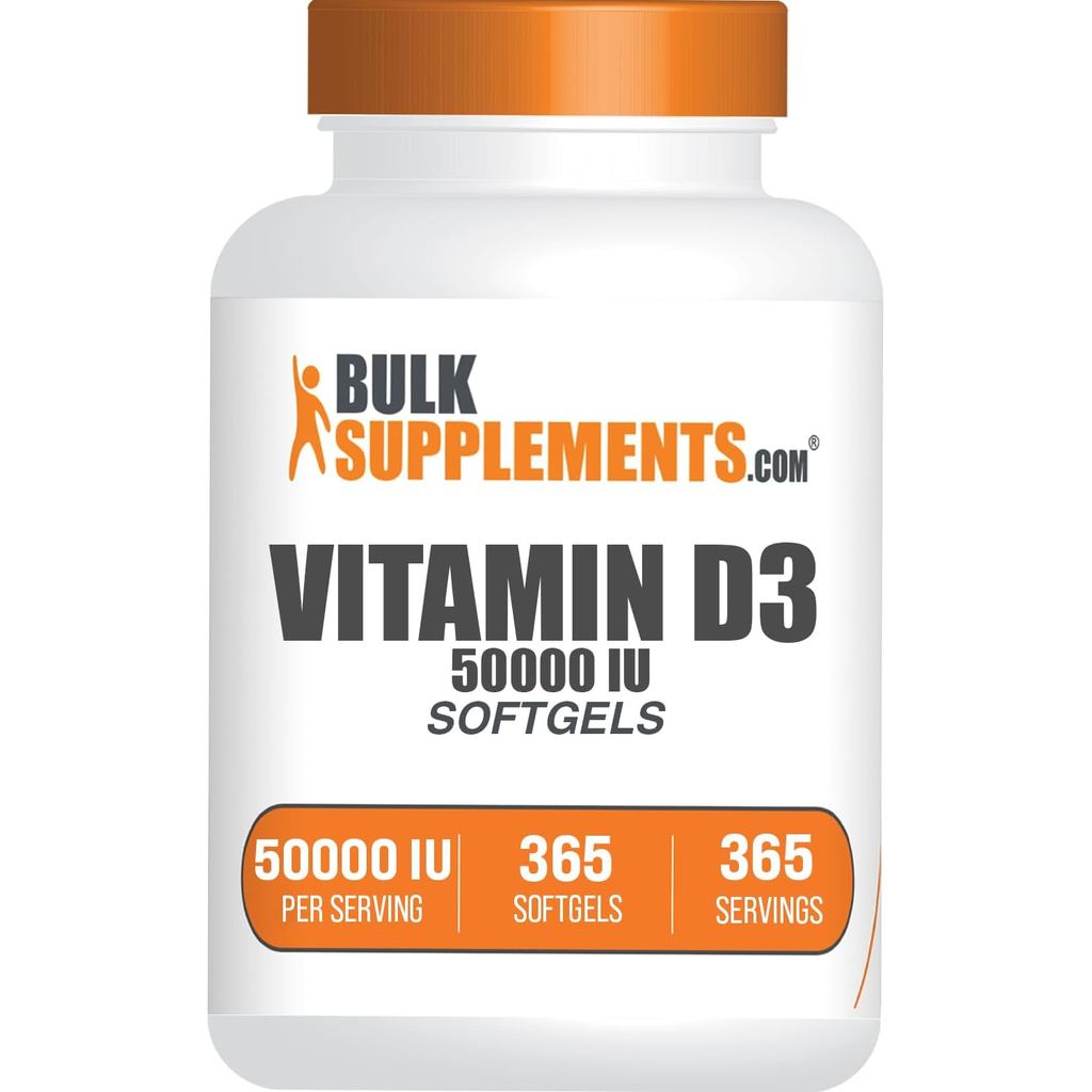 BulkSupplements.com Vitamin D3 Softgels - ปราศจากกลูเตน 1 ซอฟท์เจลต่อเสิร์ฟ (50000 IU), 365 Count (แ
