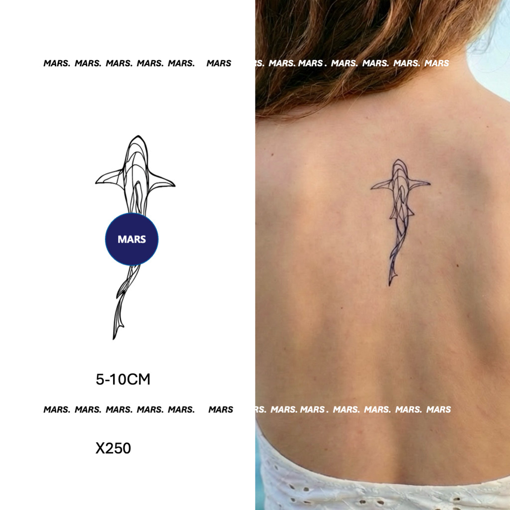 Mars Tattoo สติ๊กเกอร์รอยสักชั่วคราว "Geometric Shark Line Art" ติดทนนาน 2 สัปดาห์ เทคโนโลยีเมจิก X250