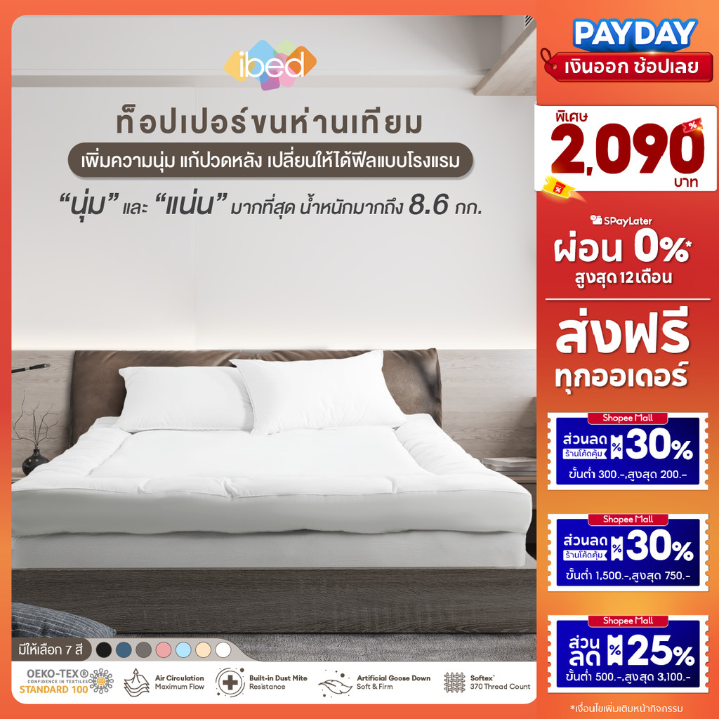 ibed Topper ท็อปเปอร์รุ่นนุ่มแน่นและรุ่น Extra ทอปเปอร์กันไรฝุ่น หนานุ่ม 3.5ฟุต/5ฟุต/6ฟุต (ลายเรียบ)