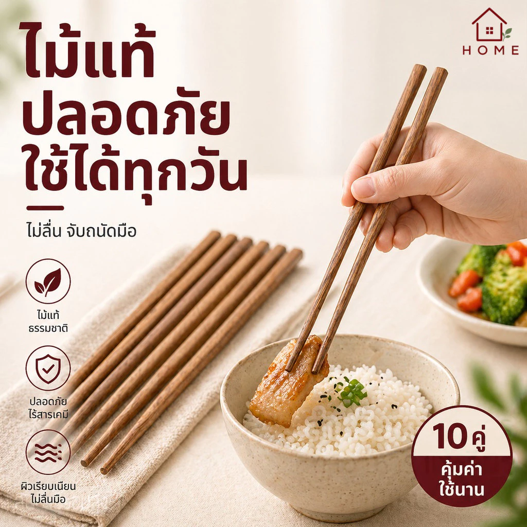 Home007 ตะเกียบ ตะเกียบไม้ 25cm. 10 คู่ ใช้ซ้ำได้ ตะเกียบไม้อย่างดี ตะเกียบไม้ทำอาหาร ทานอาหาร หม้อไฟ ชาบู Chopsticks