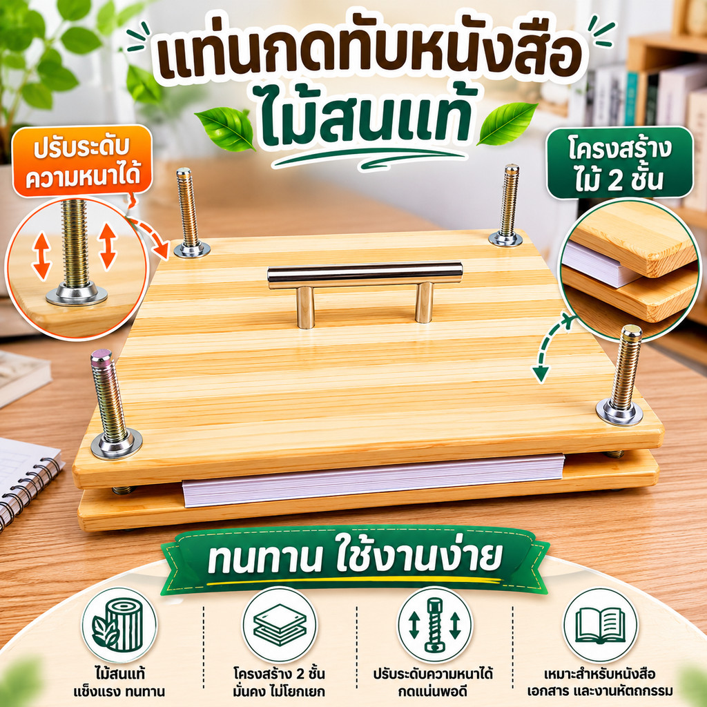 ที่กดหนังสือไม้สนคุณภาพสูง ปรับระดับได้ แข็งแรงทนทาน เหมาะกับงานเข้าเล่มสมุดทำมือและงานฝีมือทุกชนิด