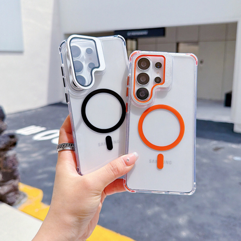 แม่เหล็กที่มองไม่เห็นเลนส์ป้องกันผู้ถือ Kickstand สําหรับ Samsung S26 Ultra Plus S25 FE S25 Ultra S24 Ultra Plus A57 คริสตัลใสไร้สายชาร์จกันกระแทก