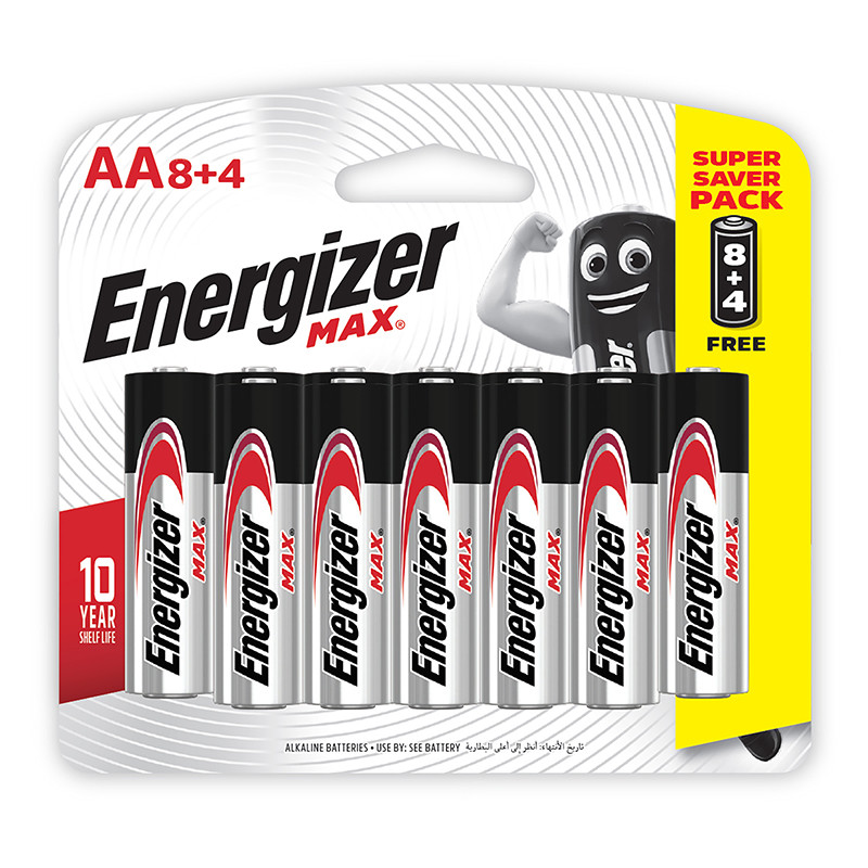 ถ่านอัลคาไลน์แม๊กซ์ แพ็ค 8+4ก้อน Energizer E91-AA BP8+4