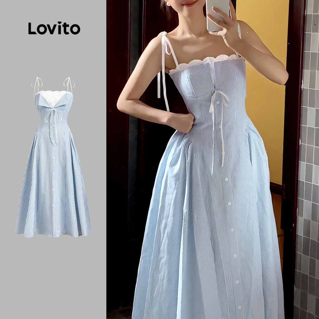 Lovito ชุดเดรสลูกไม้น่ารักสำหรับฤดูใบไม้ผลิ/ฤดูร้อน สีน้ำเงิน สำหรับผู้หญิง L144AD305