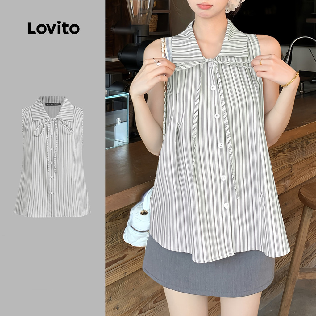 Lovito เสื้อผู้หญิงผูกเชือก เดินทางสบาย สไตล์ฤดูใบไม้ผลิฤดูร้อน L144AD114
