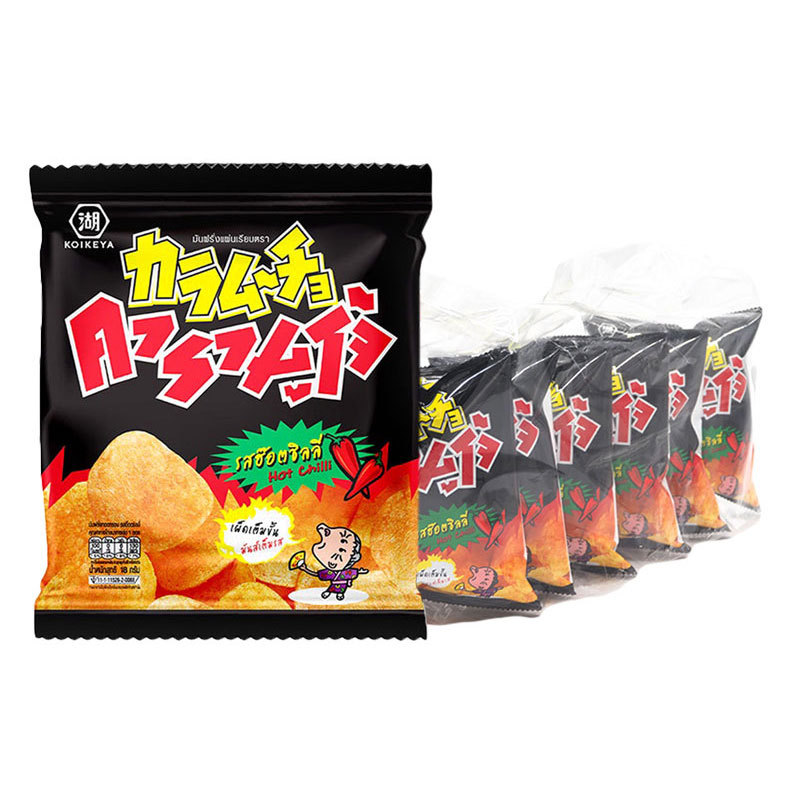 Karamucho คารามูโจ้ มันฝรั่งทอดกรอบ แผ่นเรียบ รสฮ๊อตชิลลี่ 18ก. x 6 ถุง ขนมเผ็ดญี่ปุ่น