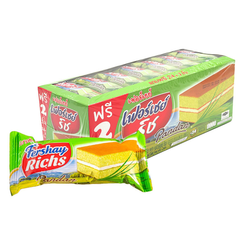 เฟอร์เชย์ เลเยอร์เค้ก กลิ่นใบเตยสอดไส้ครีม 15 ก. x 24 (FERSHAY Richs Pandan Flavored Layer Cake Filled with Cream 15 g x