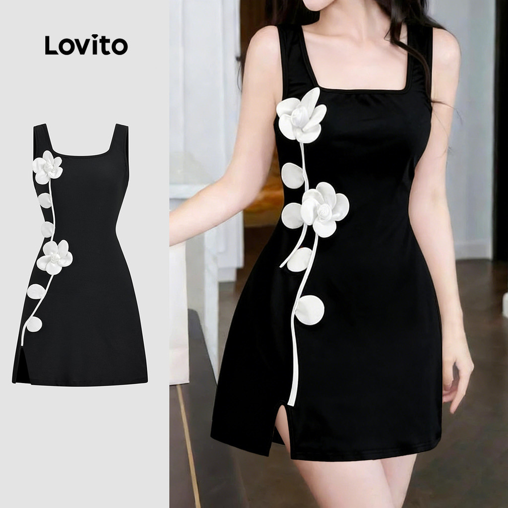 Lovito เดรสลําลองสีดําสําหรับฤดูใบไม้ผลิ/ฤดูร้อน ประดับปะติดปะต่อกัน สีตัดกัน สําหรับผู้หญิง L172LD1935