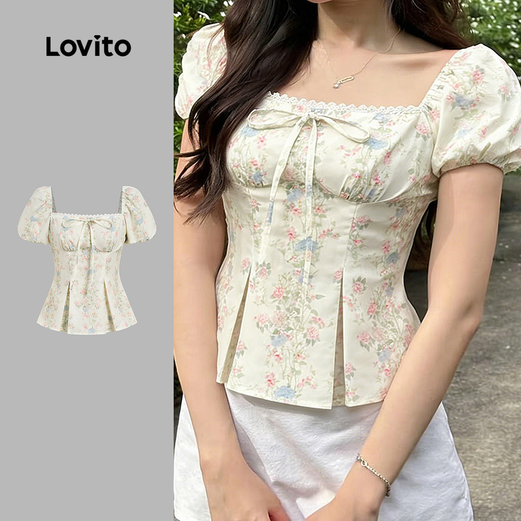 Lovito เสื้อเบลาส์ลําลองสําหรับผู้หญิง ลายสบาย สไตล์ฤดูใบไม้ผลิ/ฤดูร้อน L191AD010