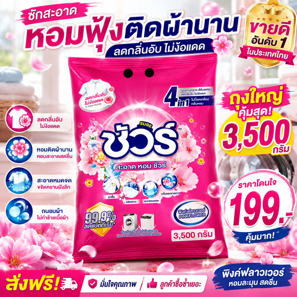SURE ผงซักฟอก ชัวร์ 3500g ฆ่าเชื้อ 99.9%➕ขจัดคราบสกปรก➕ ป้องกันการตกสีห➕อมสดชื่น 72 ชั่วโมง