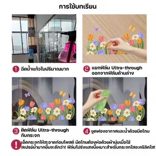 สติกเกอร์ติดกระจก สติกเกอร์หน้าต่าง ลายดอกไม้การ์ตูน PVC กันน้ำ ติดซ้ำได้ ลอกไม่ทิ้งคราบ ตกแต่งบ้าน