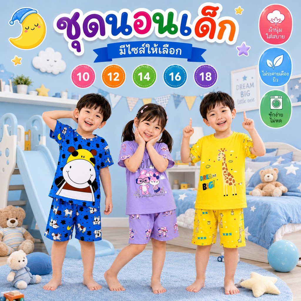 🎀NEW🎀ชุดนอนเด็ก เเขนสั้น-ขาสั้น เลือกลายได้ มีไซส์ให้เลือก พร้อมส่ง #ZN14
