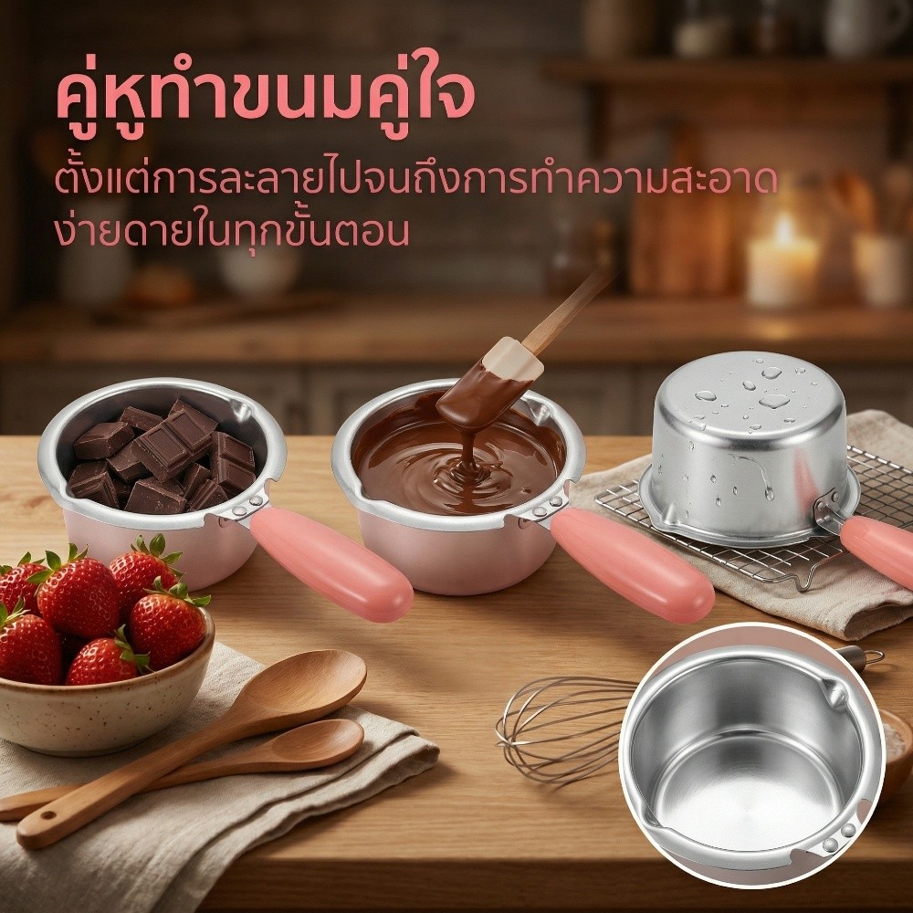 หม้อละลายช็อกโกแลตสแตนเลส ด้ามจับซิลิโคนกันร้อน หม้ออาบน้ำร้อนละลายเนย ชีส ทำขนมโฮมเมด
