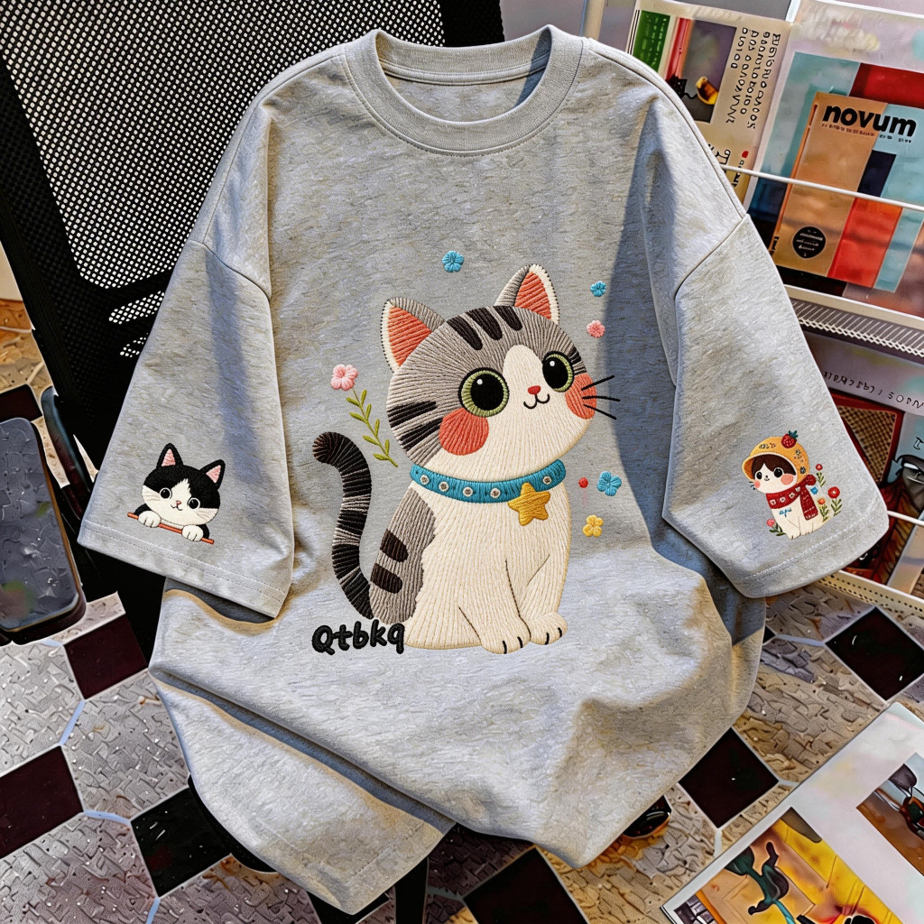 DailyTee🌟 (จัดส่งในกรุงเทพฯ) COD✅ ทรงหลวมสวมคล่องตัว ดีไซน์เกาหลีสุดเทรนด์ ใส่ได้ทุกโอกาส สวมสบายตลอดวัน " Cute Cats"