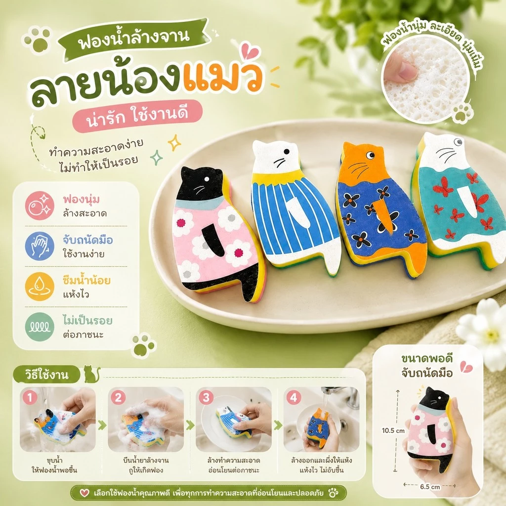 S00012 สครับฟองน้ําฟองน้ําล้างจานฟองน้ํา3ชั้นน่ารักลูกแมวหนามากลายแมวเครื่องล้างจาน