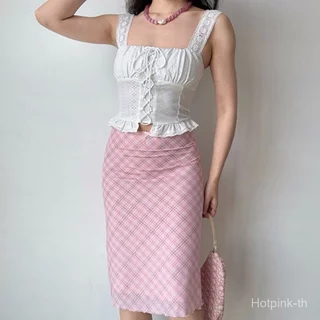 Hotpink ส่งจาก Bangkok🔥กระโปรงโบว์วินเทจอเมริกัน เอวสูง ทรงปลาหาง มีซับใน ฤดูร้อน