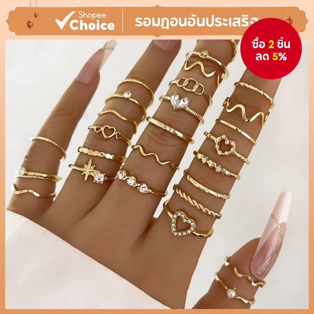 28 ชิ้น Minimalist Wave แหวนชุดผู้หญิง-เงินเรขาคณิตหัวใจแหวนเครื่องประดับ