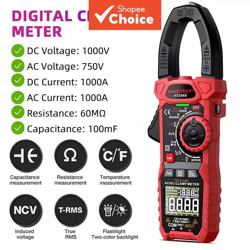 HT208D แคลมป์มิเตอร์ดิจิตอลมืออาชีพพร้อม RMS แท้, กระแสไฟ AC/DC 1000A, ตัวเก็บประจุ, อุณหภูมิ และตรวจจับ NCV