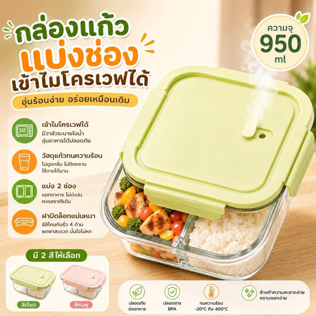 กล่องอาหารแก้ว 🍱 ทนความร้อน ✨ 2 ช่อง ใส่ได้ทั้งข้าวและผลไม้ 🍤 ฝาซิลิโคนพับได้ S00202