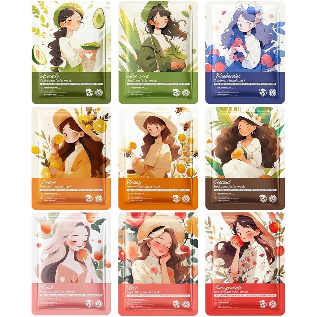 Charm Kiss 9 ชิ้นพืช rose Facial Mask,Hydrating และ Rejuvenating Mask, Bulk Collagen Face สําหรับผู้