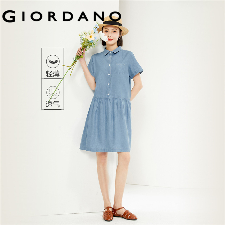 GIORDANO WOMEN 100% Cotton short sleeve lightweight denim dress 05464313