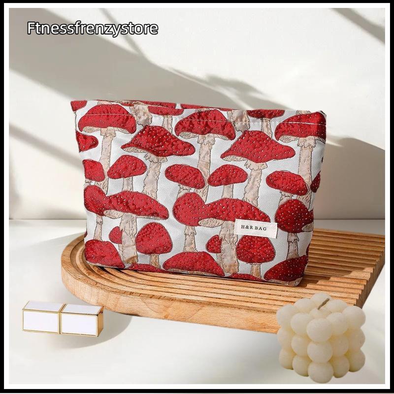 [FF] New Retro Artistic Mushroom Jacquard Fabric Makeup Bag, Womens Clutch Bag, Zippered Square Bag,