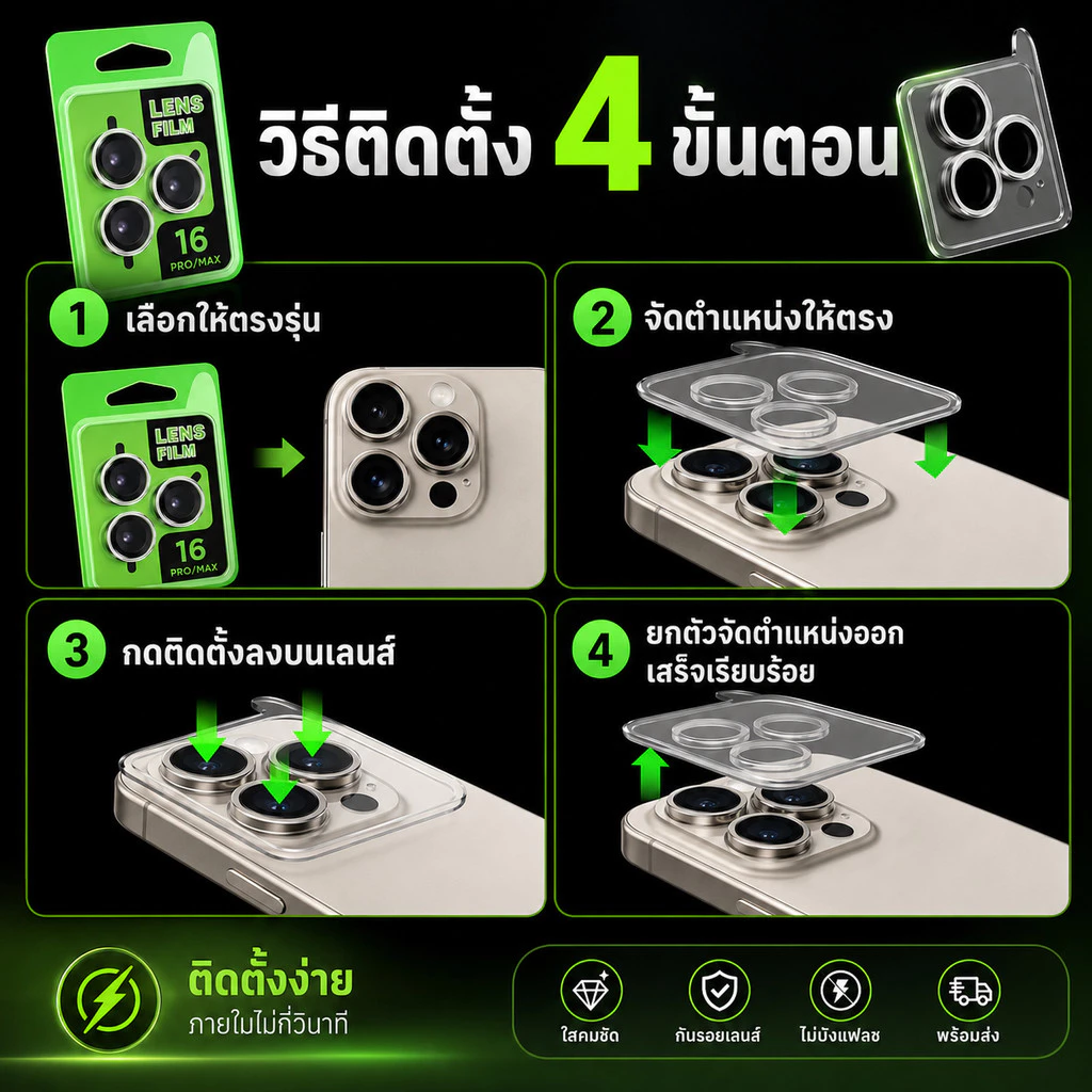 （ราคาชุด）ฟิล์มเลนส์กล้องแบบใหม่ แบบมีบล๊อก ติดง่าย แค่วาง สำหรับ iPHONE17PROMAX 17AIR 16 16PROMAX 15PRO 14PLUS 13PRO 12 thumbnail 3
