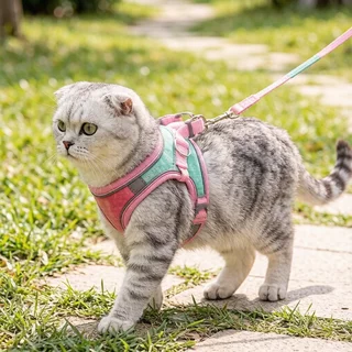 สายจูงแมว สายรัดอกแมว เชือกจูงสัตว์เลี้ยง สะท้อนแสง ปรับได้ กันหลุด นุ่มสบาย แมว หมา เดินเล่น