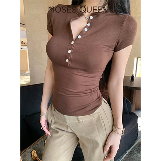 MOSESQUEEN เสื้อผ้าสตรี ที่มีแขนสั้น แบบไหล่เอว ฮังรี เน็ค ขนาดเล็ก แขนยาว ผ้าลิโอเซล เทนซ์เซล ขนแกะ ตัวช่วยให้รู้สึกบางเล็กน้อย #63415