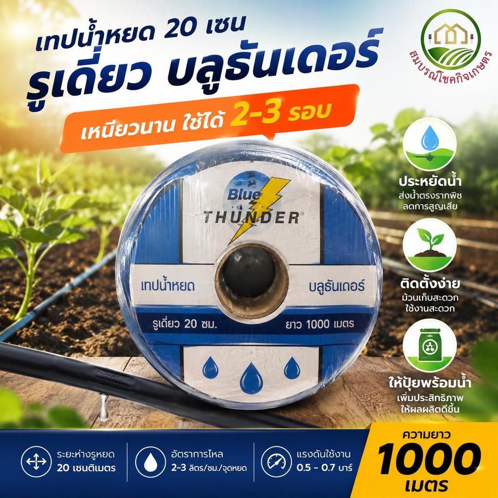 เทปน้ำหยด รุ่นหนา ความยาว 1000 เมตร รุ่น 20 ซม. หนาเกรด A บลูธันเดอร์ (รุ่นทนแรงดัน) อย่างดี ใช้ได้ 2-3 รอบ