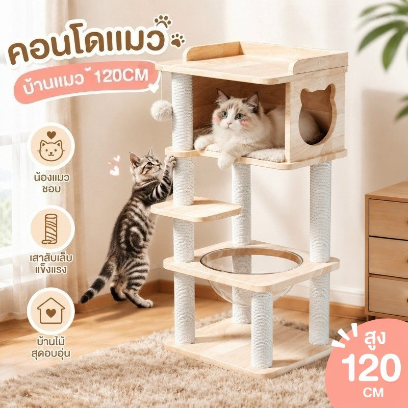 คอนโดแมว คอนโดแมวไม้ บ้านแมว เหมาะสำหรับเลี้ยงน้องแมว เสาลับเล็บ ขนาดใหญ่ สูง120CM
