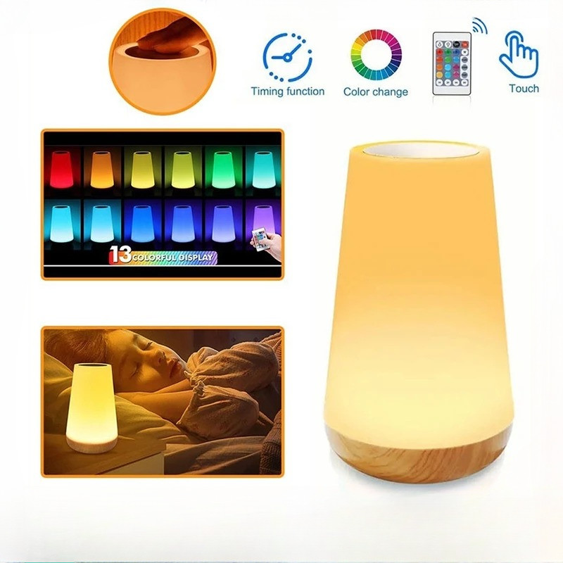 【CODโคมไฟตั้งโต๊ะ LED ไฟกลางคืนแบบสัมผัส โคมไฟตั้งโต๊ะห้องนอน ชาร์จ USB รีโมทคอนโทรล หรี่แสงได้ 13 สี พกพาสะดวก