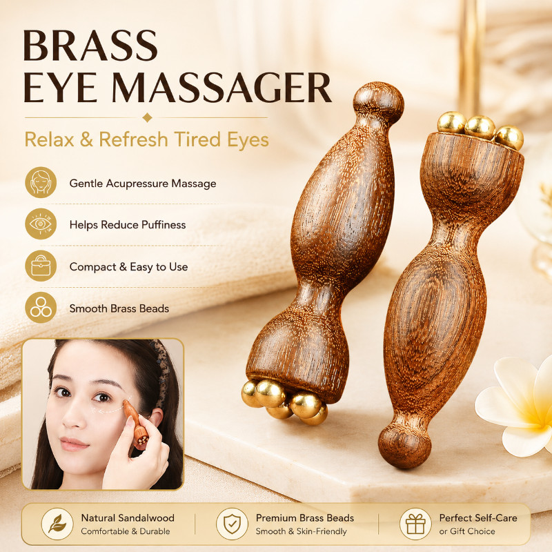 เครื่องนวดตาทองเหลืองบริสุทธิ์พร้อมที่จับไม้จันทน์-เครื่องมือบรรเทาดวงตาตามหลักสรีรศาสตร์เพื่ออาการบวม, ความหมองคล้ําและปวดหัว, ไม้ธรรมชาติและนวดกดจุดโล