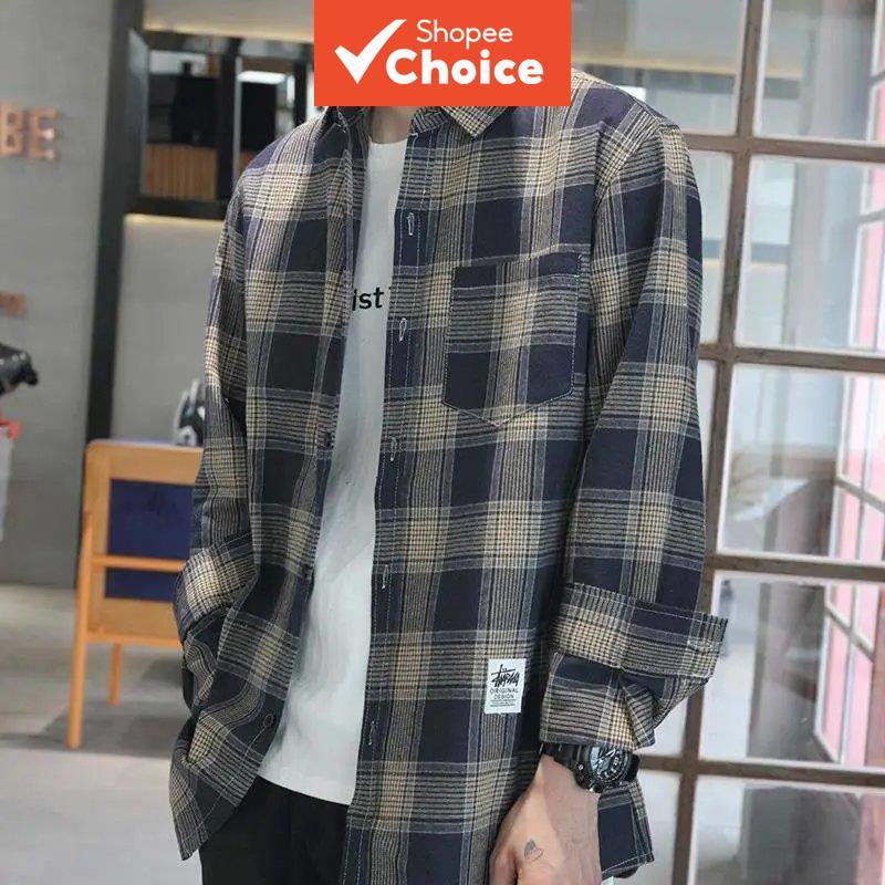 เสื้อเชิ้ตลายสก็อตแขนยาวสําหรับผู้ชาย เสื้อแจ็คเก็ตเชิ้ตสไตล์วินเทจแบบลําลอง