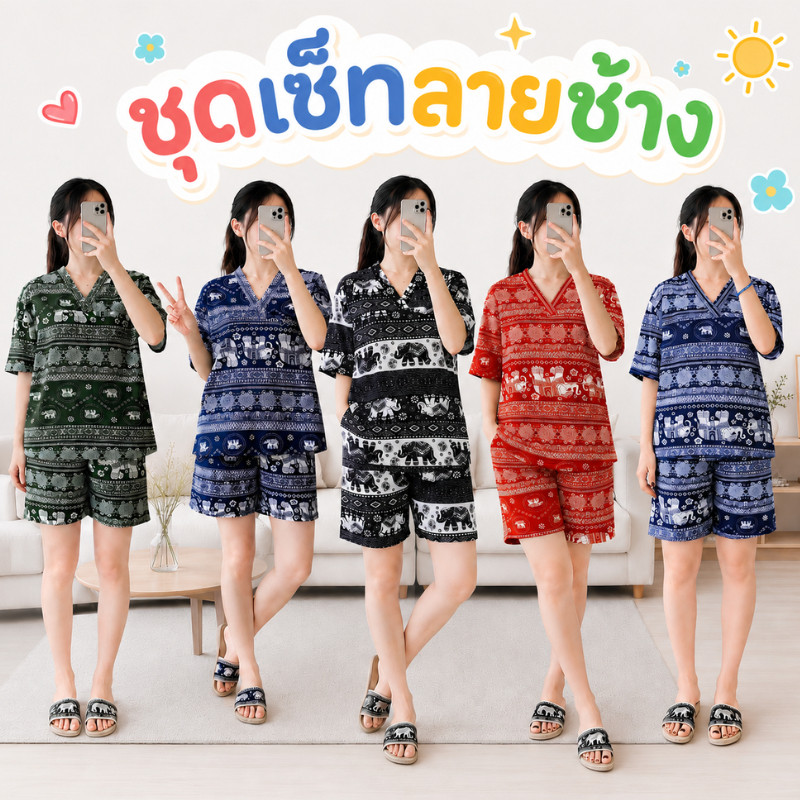 ชุดเซ็ท เสื้อคอวี แขนสั้น กางเกงขาสั้น เอวยางยืด พิมพ์ลายช้าง ผ้าหนังไก่ เนื้อผ้านิ่ม ใส่ได้ทั้งชายและหญิง c2037#