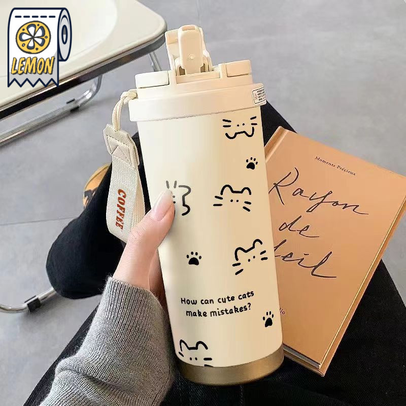แก้วเก็บอุณภูมิ ขนาด500ml แก้วกาแฟ เก็บความเย็น แมว น่ารักๆ สะแตนเลส316 coffee Cat