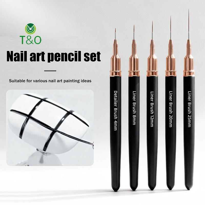 T&O 5PCS Nail Art Liner แปรงขนาดภาพวาดเล็บออกแบบปากกา 4/8/12/20/25 มม.เครื่องมือสําหรับเส้นยาวรายละเ