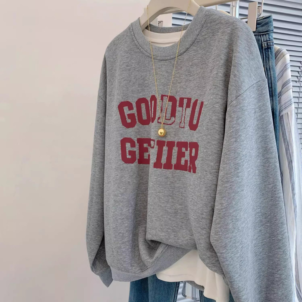【ks1174.th】 Sweatshirt/Sweater灰色美式无帽卫衣女春秋款宽松遮肉百搭洋气质慵懒风正肩外穿上衣 【0528qo111YXPY】