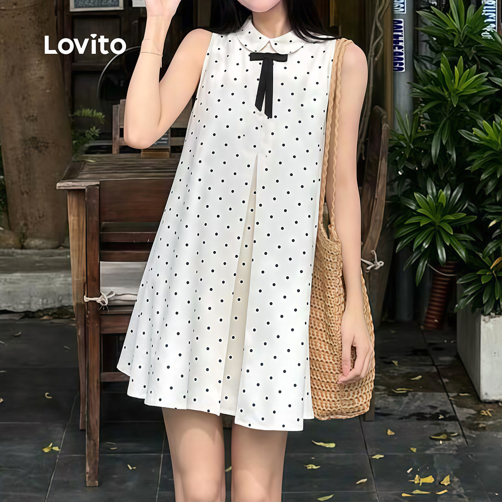 Lovito เดรสลำลองลายจุดผูกโบว์ สีขาวนวล สำหรับผู้หญิง เหมาะสำหรับฤดูใบไม้ผลิ/ฤดูร้อน LK3AD403