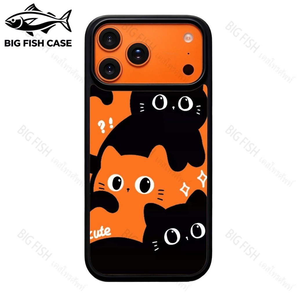 เคสโทรศัพท์ไอโฟนลายแมวดำขาวน่ารักสไตล์มินิมอล ขอบสีดำ ผิวหลังแข็งใส วัสดุ TPU นุ่ม เข้ากับ iPhone 17 Pro Max/16/15/14/13