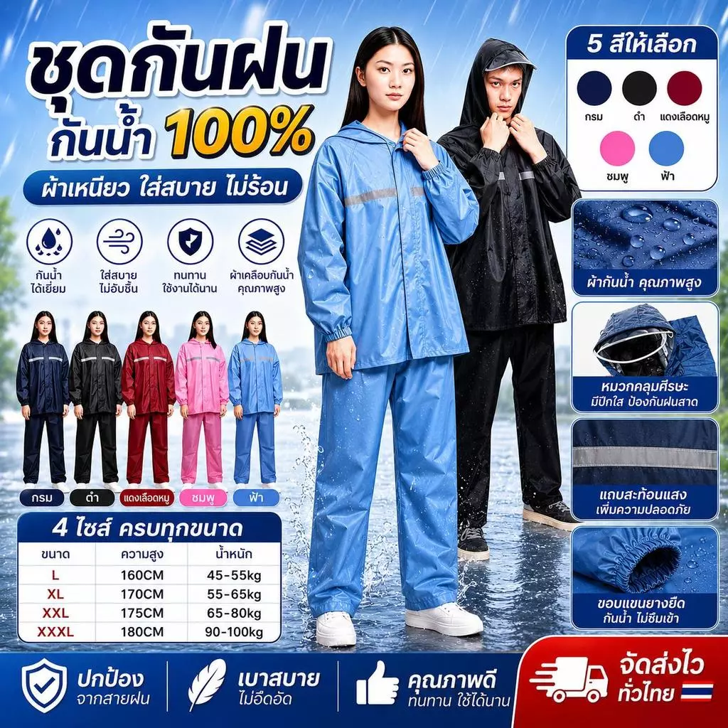 【เสื้อ + กางเกง】ชุดเสื้อกันฝน มีแถบสะท้อนแสง รุ่น หมวกติดเสื้อ หนาแน่น ทนทาน กันน้ำ 100%