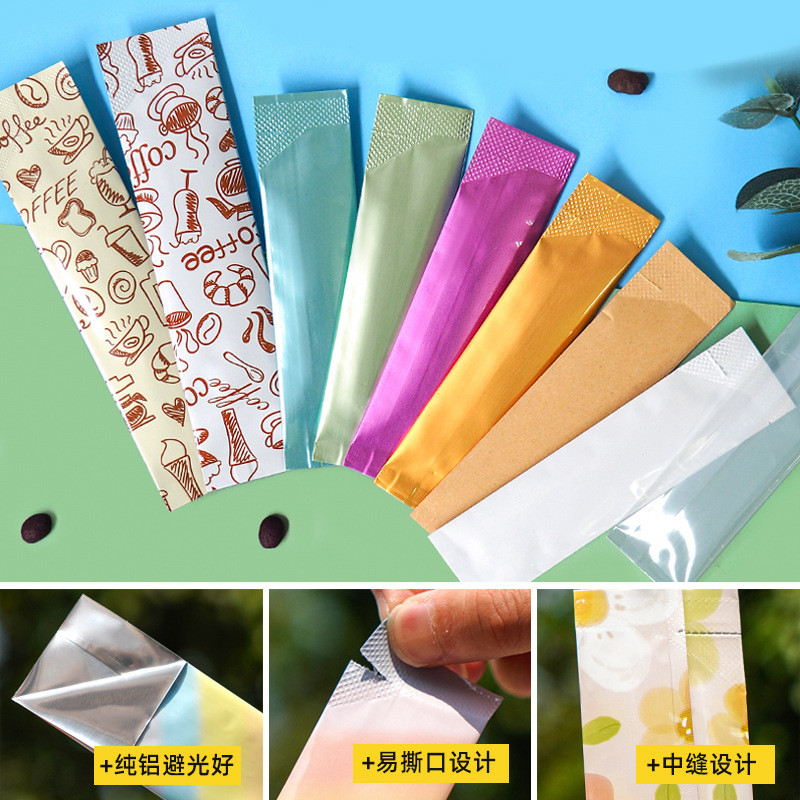 100ชิ้น/ที่มีสีสันแถบยาวอลูมิเนียมฟอยล์ผงกาแฟถุงบรรจุภัณฑ์ถุงปิดผนึก/นมชาผงอาหารทดแทนถุงตะเข็บกลาง/ถุงน้ําตาลมินิทดลองถุงบรรจุภัณฑ์/ถุงซิปล็อค