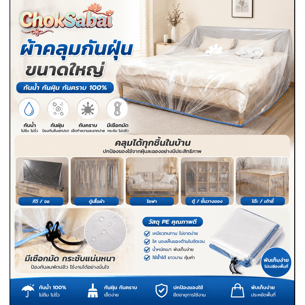 🏠【สำหรับของใช้ในบ้าน】ผ้าคลุมกันฝุ่นขนาดใหญ่ กันน้ำกันคราบ100% มีเชือกมัด ใส่ทีวี/ตู้/โซฟาได้หมด/ผ้าคลุมกันฝุ่นโซฟา